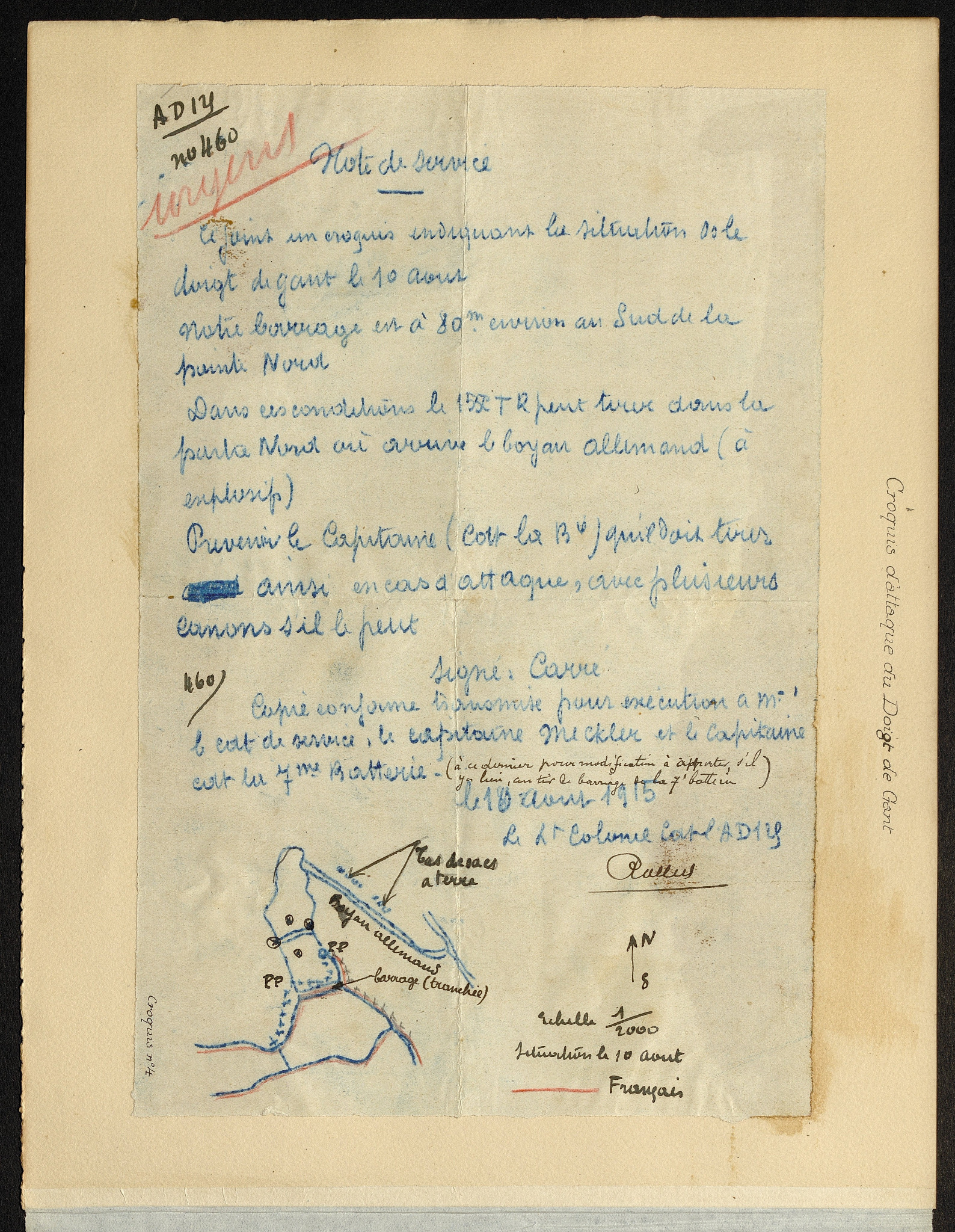 Croquis n°4 et note de service du 10 août 1915